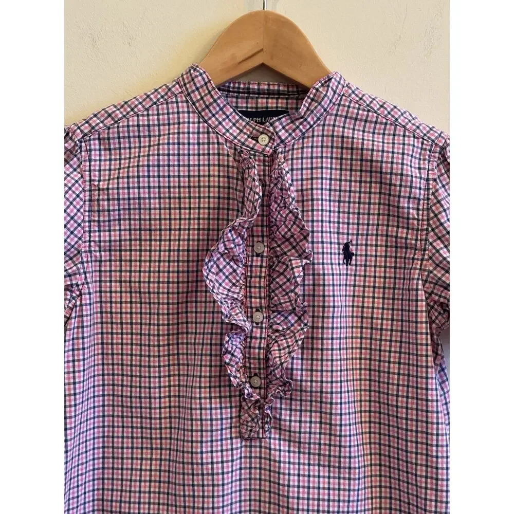Ralph Lauren Girls 12 Ruffle Shirt Dress Pink Navy Polo Pony Plaid Puff Sleeves